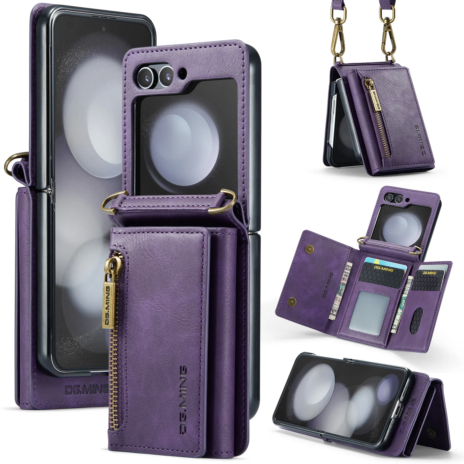 

Couro Crossbody Zipper Wallet Card Slot Phone Case Lanyard Purse Bag Flip Stand Cover Fit para Samsung Galaxy Z Flip 5 4 3