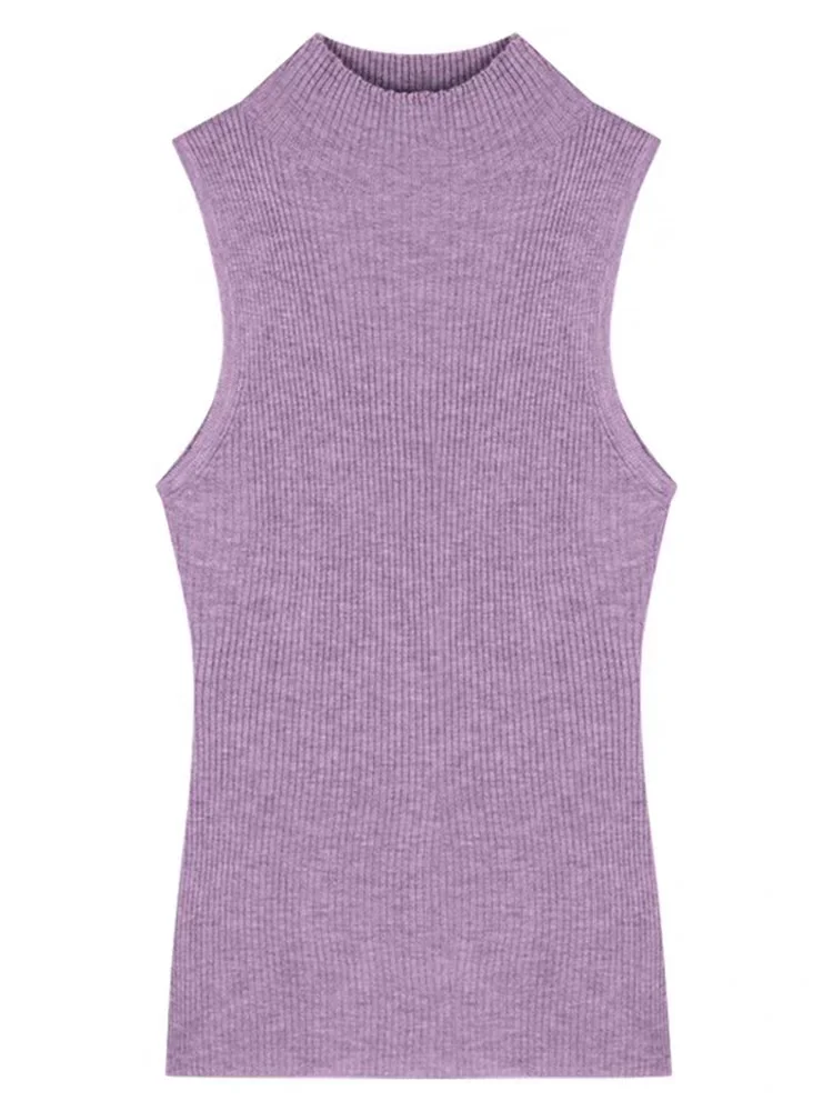 Mode Rippen Gestrickte Sexy Tops Rollkragen Sommer Grundlegende Shirts Dünne Dünne Lila Casual Ärmellose Weste frauen Tank Top – Detail 15