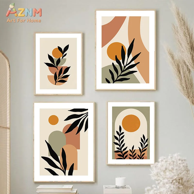 Bohemian Abstract Wall Art Beige Green Terracotta Nordic Modern Canvas Painting Leaves Colour Block Poster Bedroom Decor