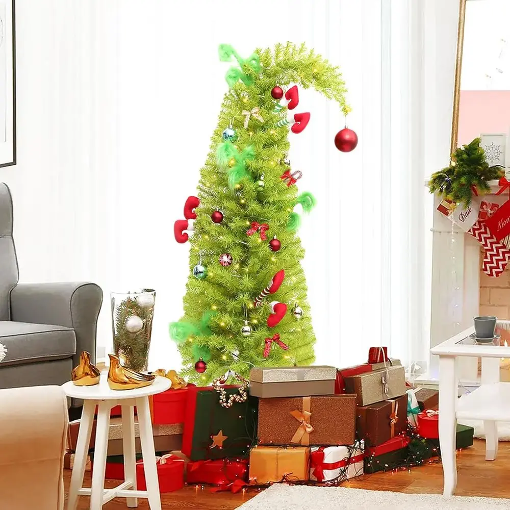 شجرة عيد الميلاد الاصطناعية القابلة للانحناء بطول 5 أقدام باللون الأخضر الليموني مع 150 مصباح LED وقاعدة معدنية وزخارف كروية للمنزل والمكتب