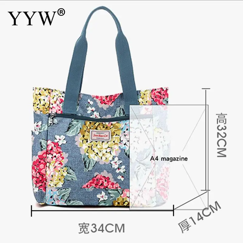 Women Casual Nylon Single Shoulder Handbag Large Capacity Floral Printing Waterproof Zipper Multi Pocket Lady Storage Tote Bag