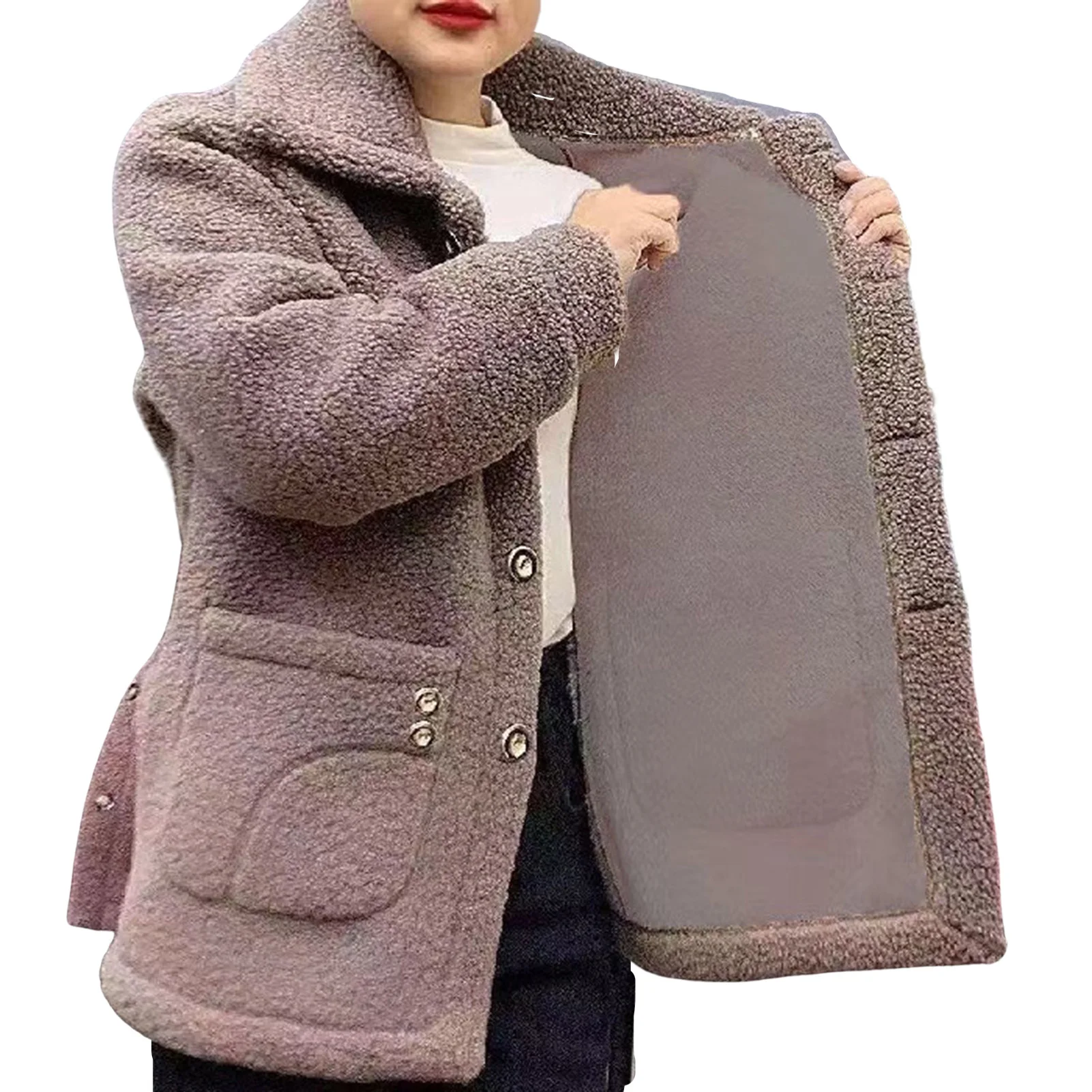 Women\'s Lamb Fleece Jacket Lapel Collar Warm Cotton Coat for Cold Weather Outdoor Wearing NIN668