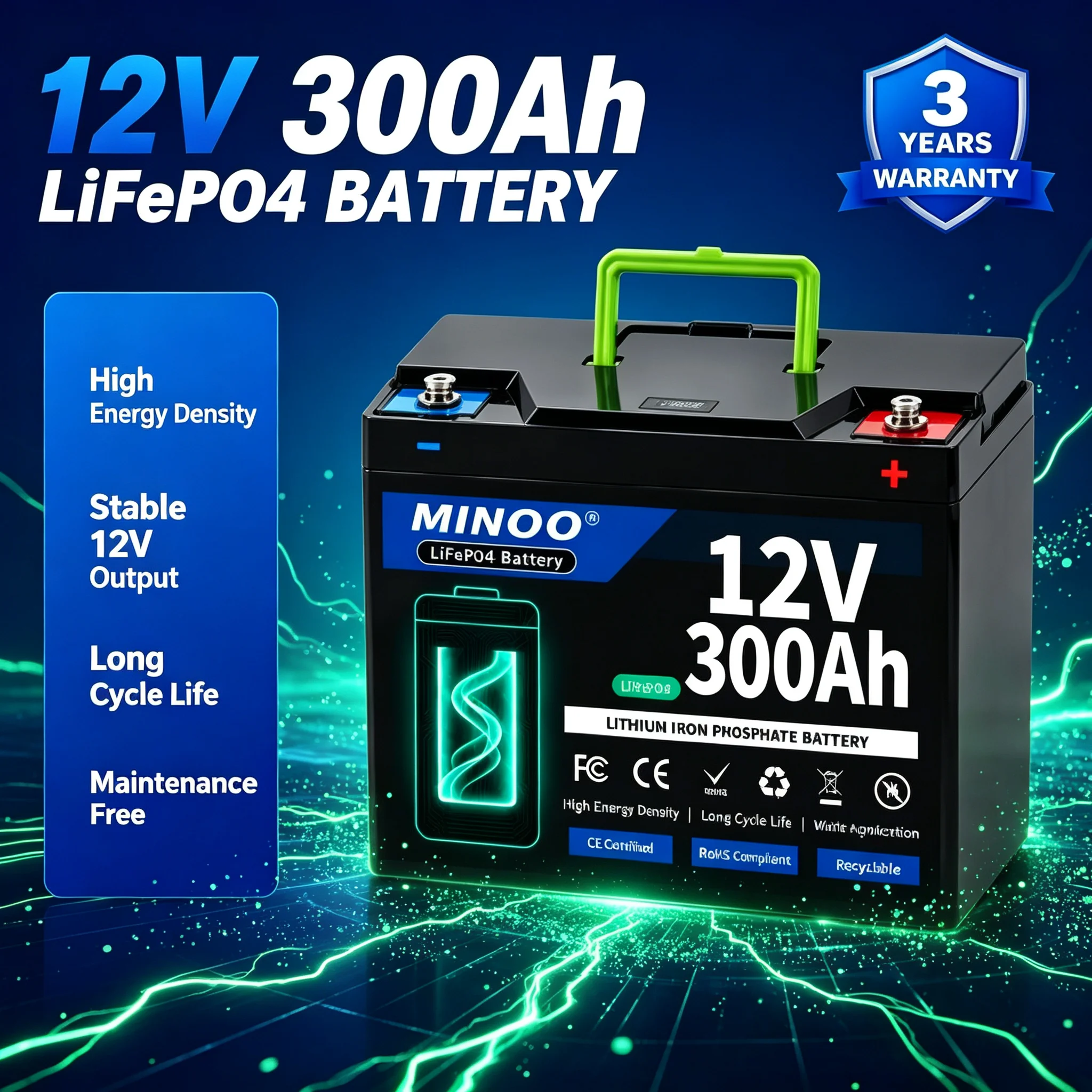 12V 300Ah Lithium LiFePO4 Battery Built-in 300A BMS High Capacity Deep Cycle Battery for RV Solar Marine Backup Power