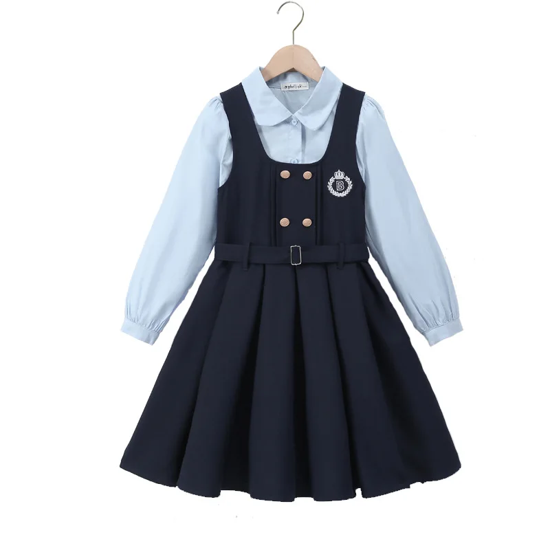

Girls School Uniform Set Academic Style Long Sleeve Shirt Jumper Vest Dress 2-Piece Outfit for Kids Fall Teen Child Clothing Set