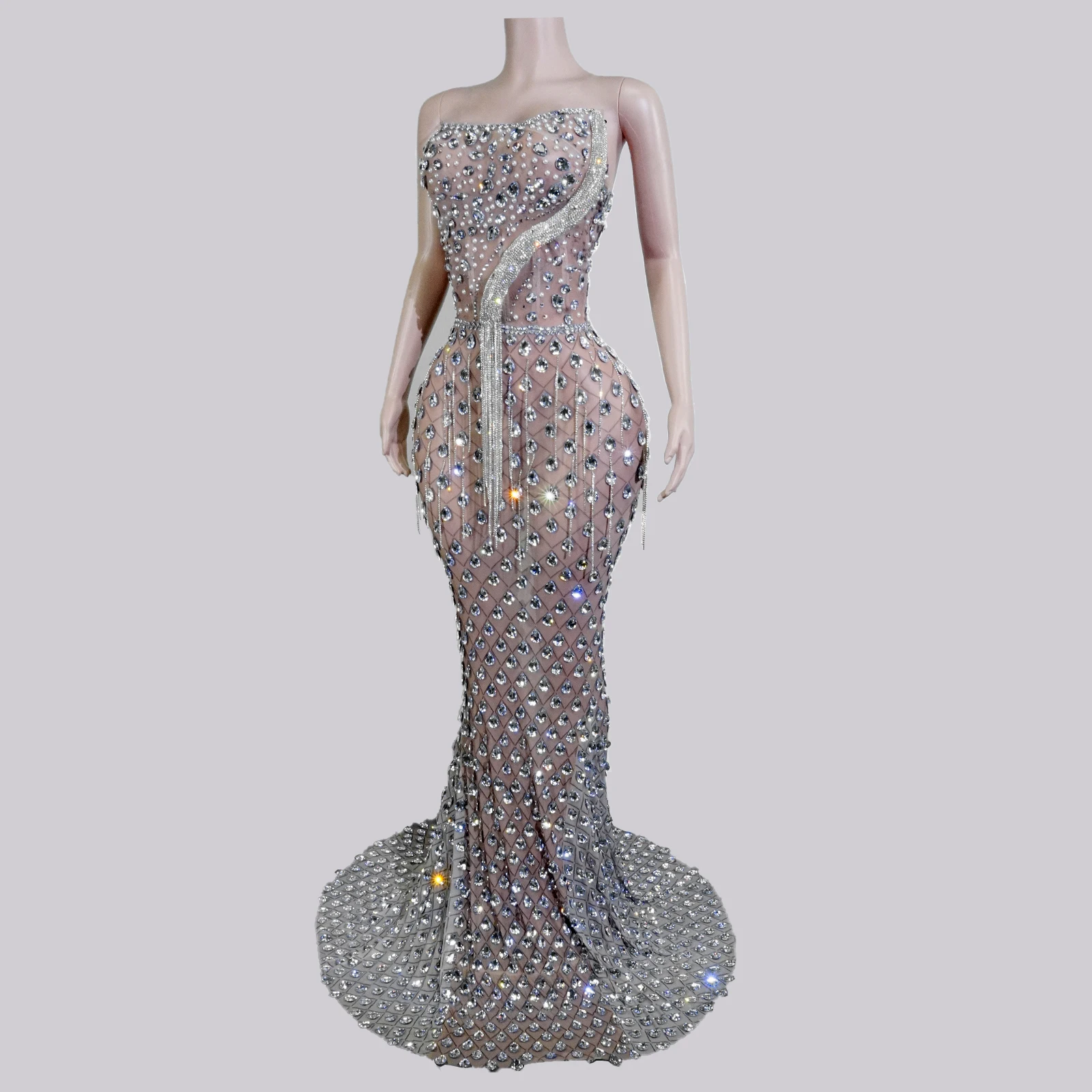 

Sparkle Silver Full Rhinestones See-through Long Dress Event Costume Women Stage Performance Singer Birthday Drag Queen Clothing