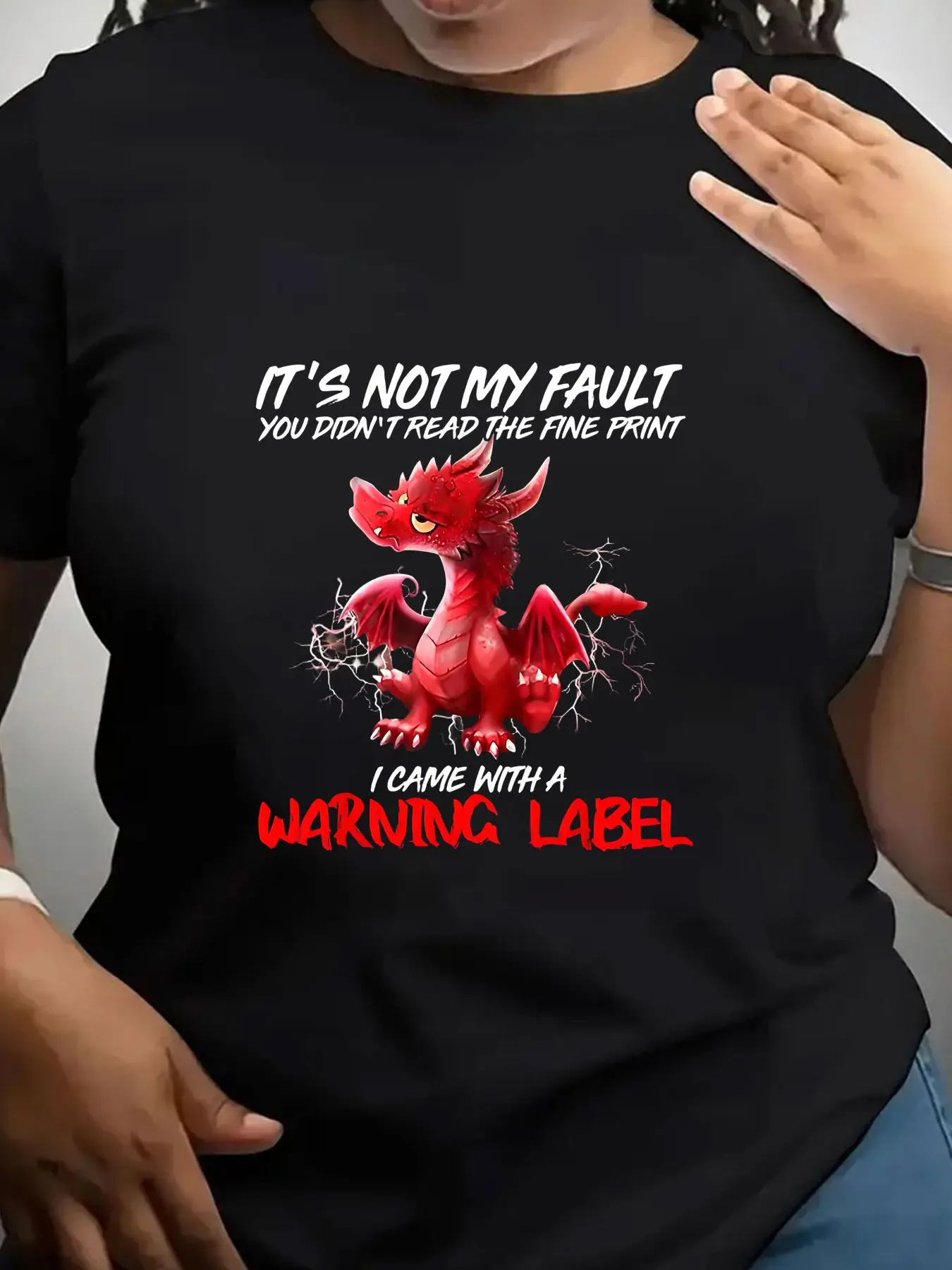 Women's Trendy Crew Neck T-Shirt Red Dragon Warning Label Print Suitable for Casual Sportswear
