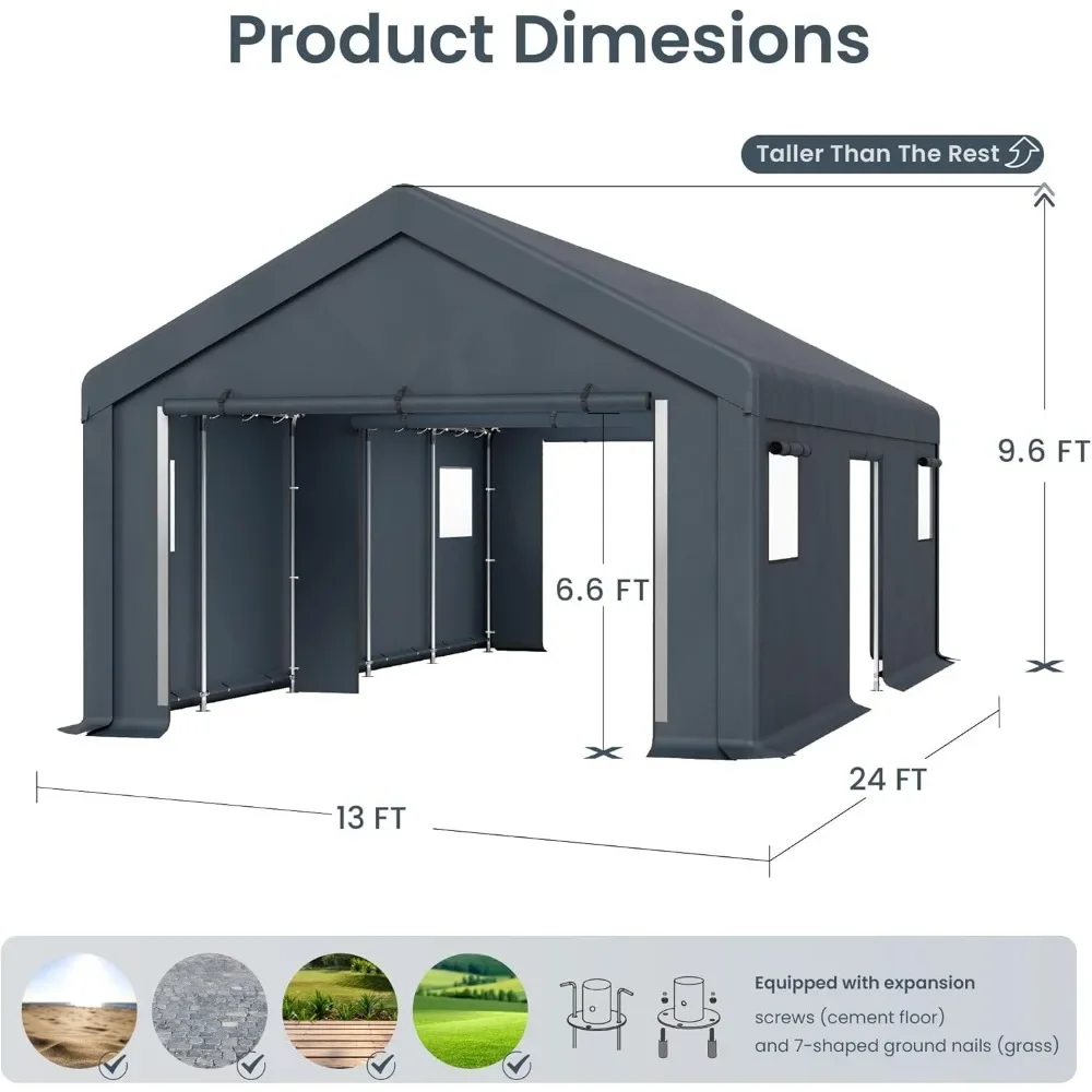 13'x24'x9.6' Outdoor Storage Shelter Shed Garage with Roll Up Zipper Doors & Vents Carport, Anti-Snow Portable Garage Kit Tent