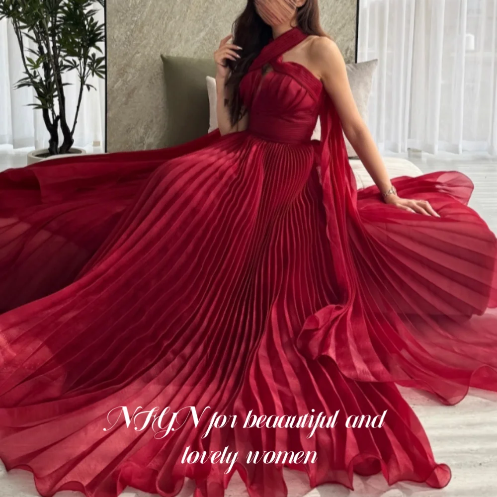 NFYN Rode Elegante Galajurk V-hals Mouwloze Feestjurken Ruches Plooien Trailing Avondjurken robes de soirée Aangepaste