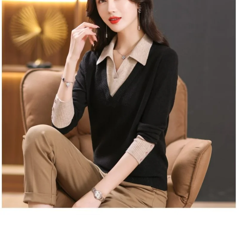 Fashion Original Autumn New Fake Two Piece Polo Neck Sweater Women\'s Contrast Button Loose Simple Patchwork Long Sleeve Knit Top