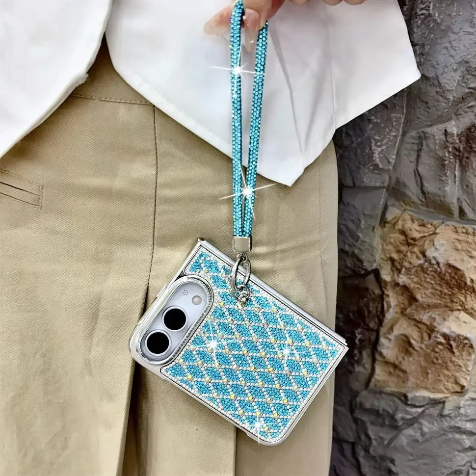 Vintage Glam Luxury Sparkly Rhinestone Grid Phone Case for iPhone Duo Plating Frame Shiny Crystal Wrist Strap Protective Cover