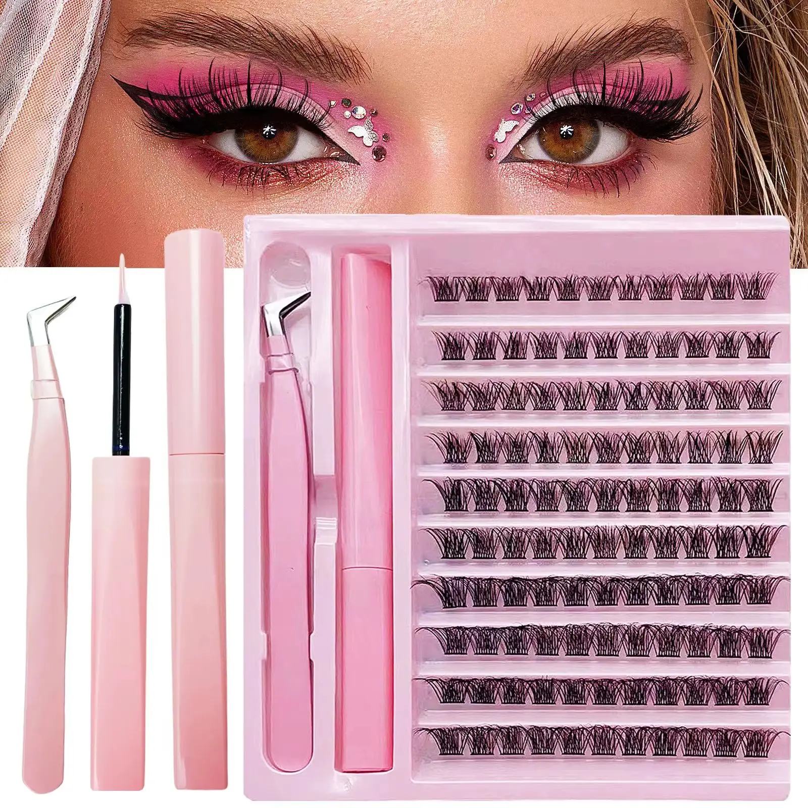 DIY Lash Clusters Extension Kit - 110 Pieces Wispy D-Curl False Eyelash Clusters Bond Individual Lashes Kit for Eyelash Extensio