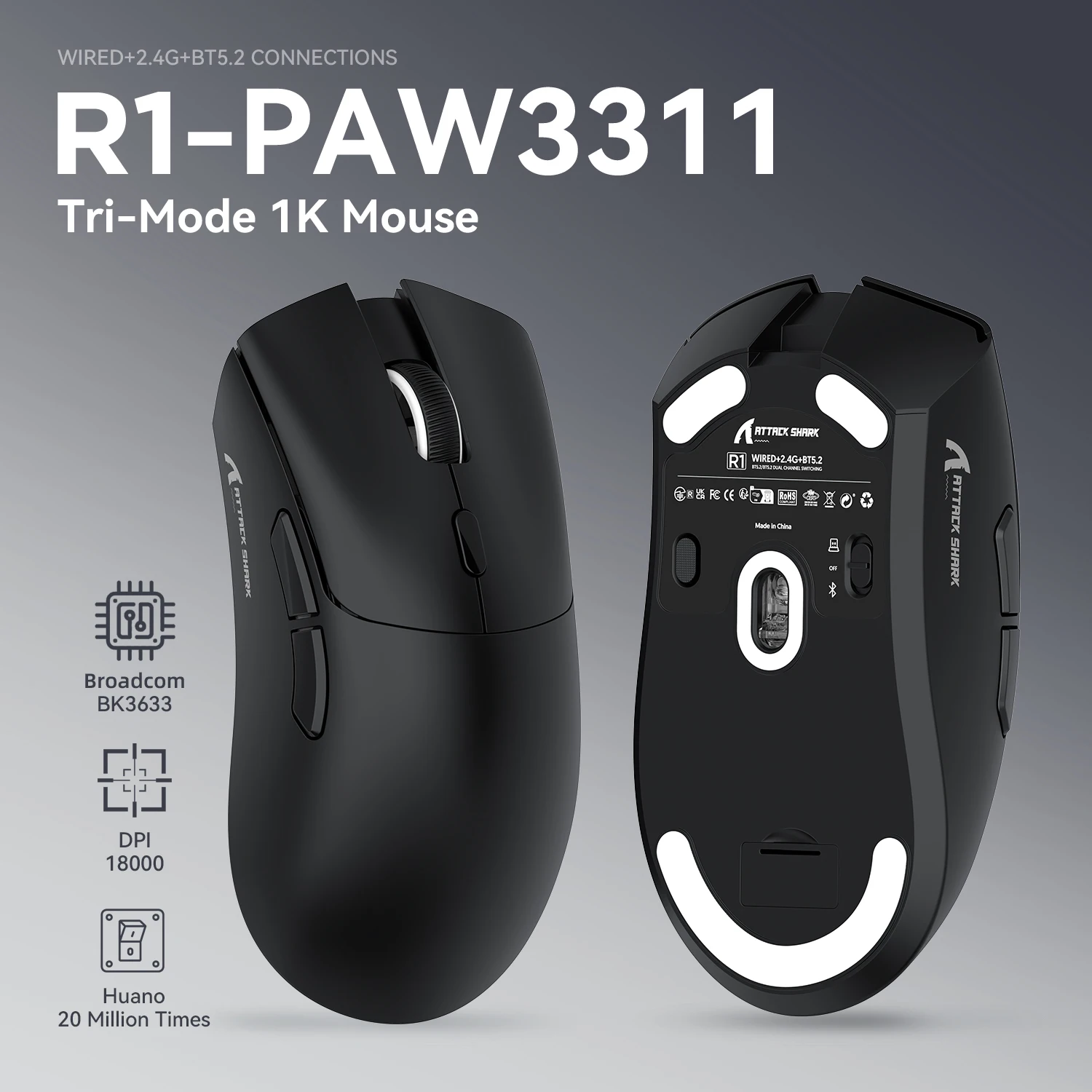 ATTACK SHARK R1 Wireless Gaming Mouse,Tri-Mode Connection (2.4G/Wired/BT5.2),55g Lightweight,18K DPI Optical Sensor,Ergonomic De