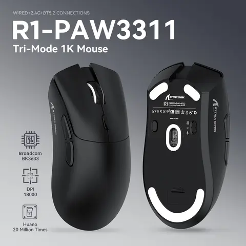 ATTACK SHARK R1 Wireless Gaming Mouse,Tri-Mode Connection (2.4G/Wired/BT5.2),55g Lightweight,18K DPI Optical Sensor,Ergonomic De