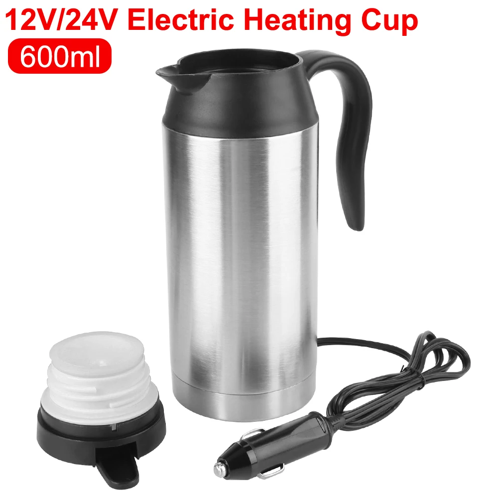 ​12V 24V Electric Heating Car Kettle Vehicle Heating Cup 100W 200W Water Coffee Milk Thermal Mug 600ml Stainless Steel