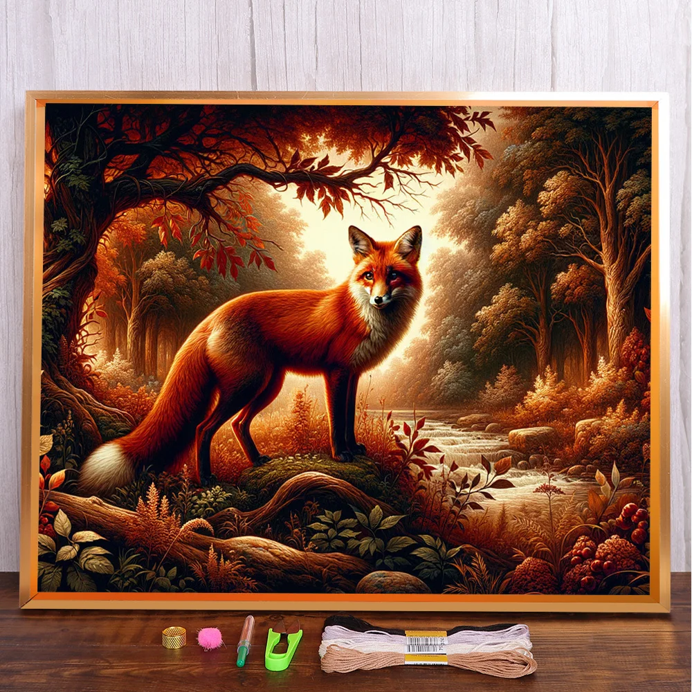 Animal Red Fox Printed Fabric Cross-Stitch Embroidery Complete Kit Handiwork Handmade Hobby Painting Stamped Promotions Needle