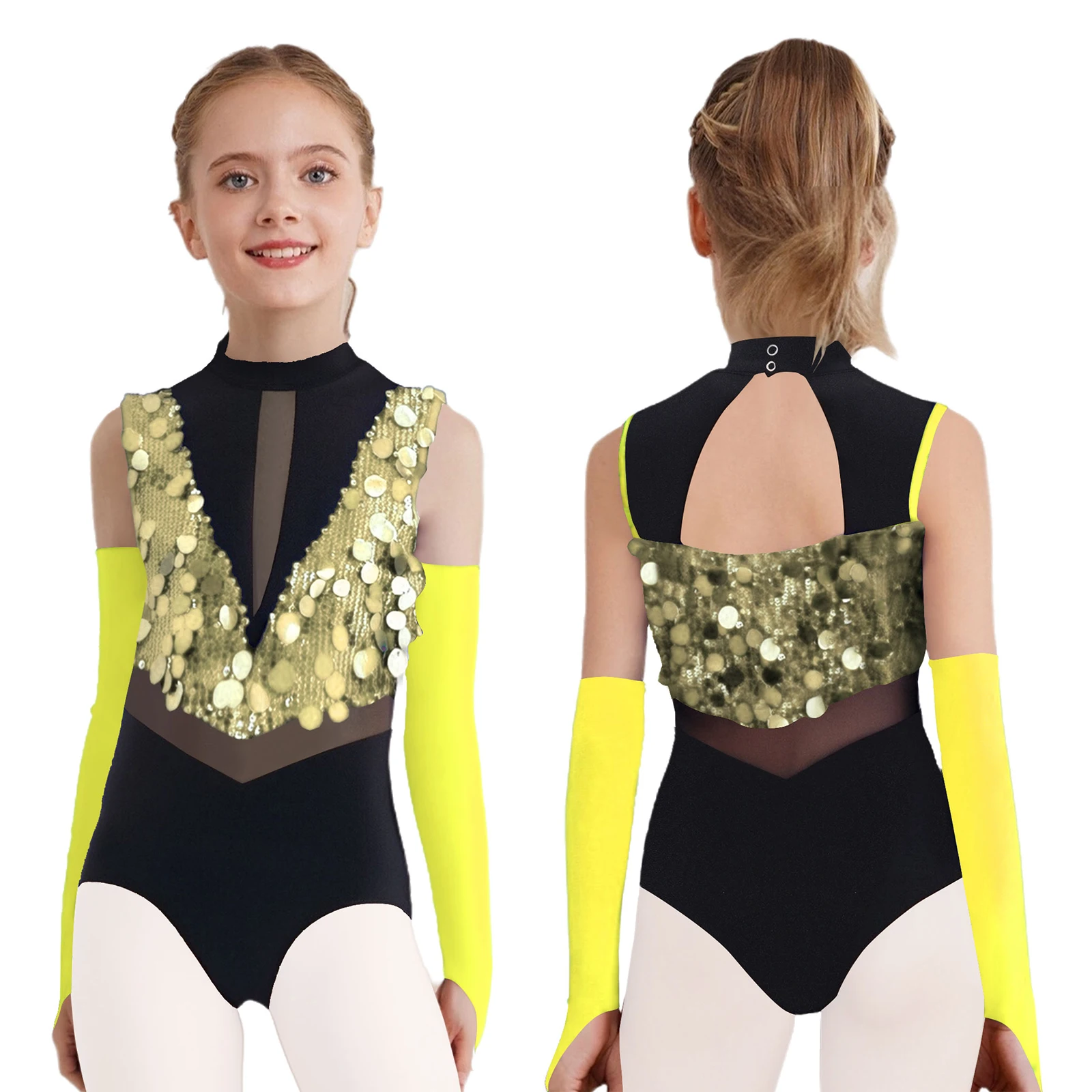 

Kids Girls Glittery Gymnastics Figure Skating Dance Performance Outfit Sleeveless Sparkling Leotard with Gloves Ballet Dancewear