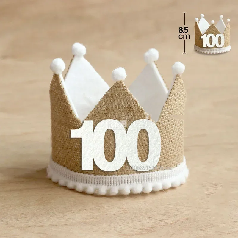 Burlap Crown Baby Birthday Party Hat 1/2 1 2 3 4 5 6 7 8 9 Year Baby Boy Girl Linen Headband 100 Days Adult Anniversary Cap