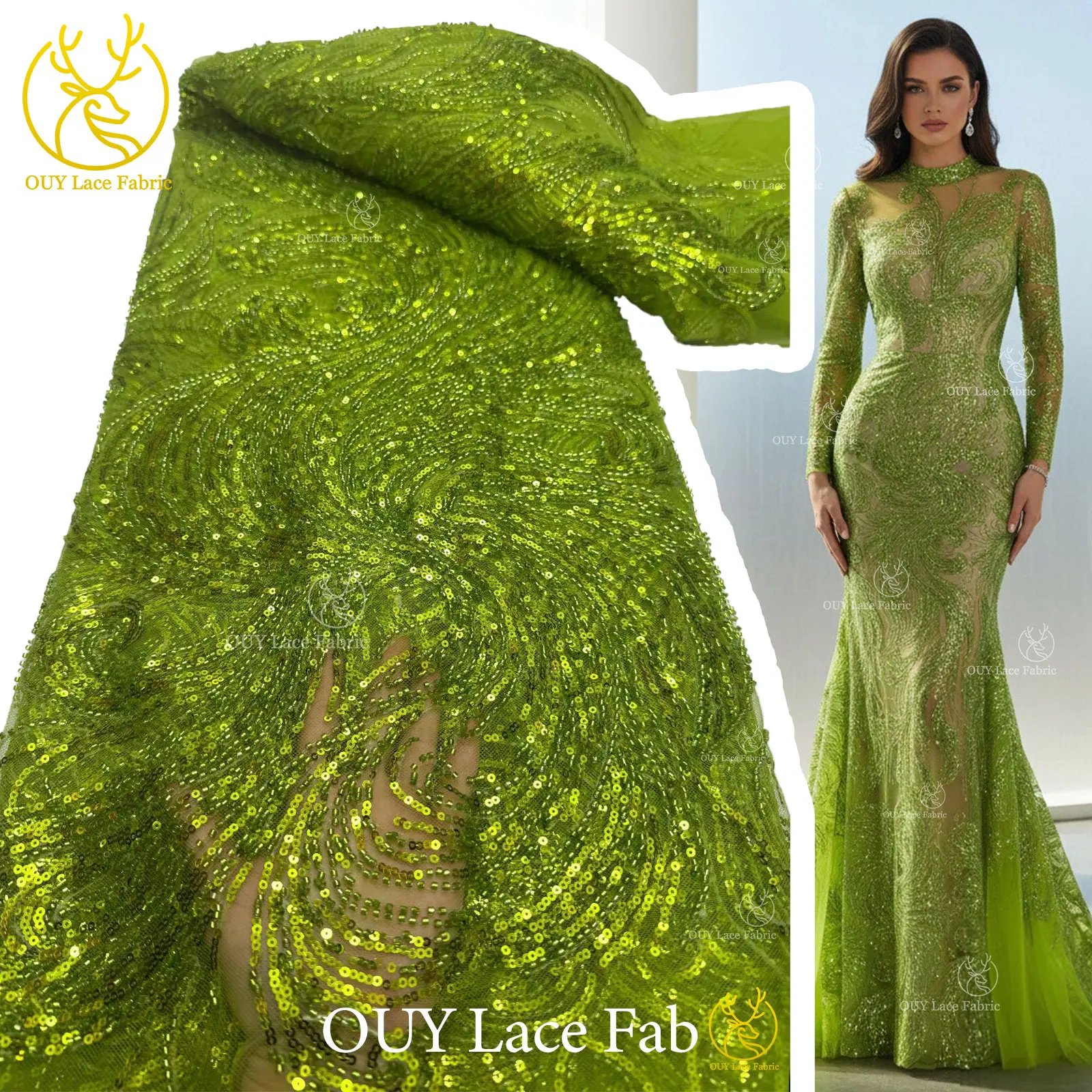 

2026 African Beaded Tulle Lace Fabric 5 Yards Green High Quality French Nigerian Sequins Lace For Party Evening Dress Sewing