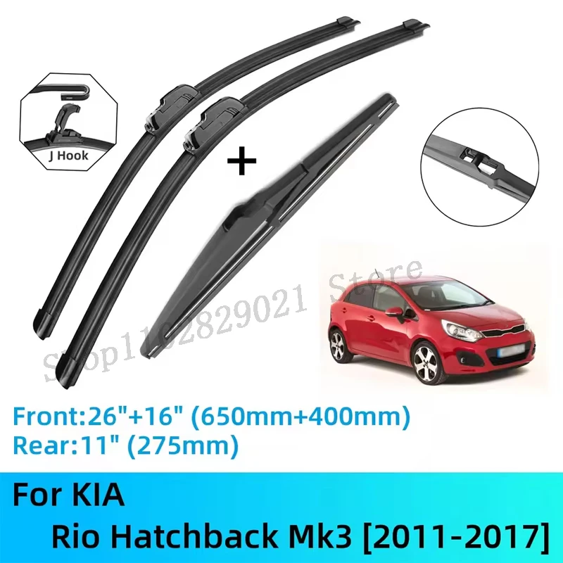 

For KIA Rio Hatchback Mk3 Front Rear Wiper Blades Brushes Cutter Accessories J U Hook 2011-2017 2012 2013 2014 2015 2016 2017