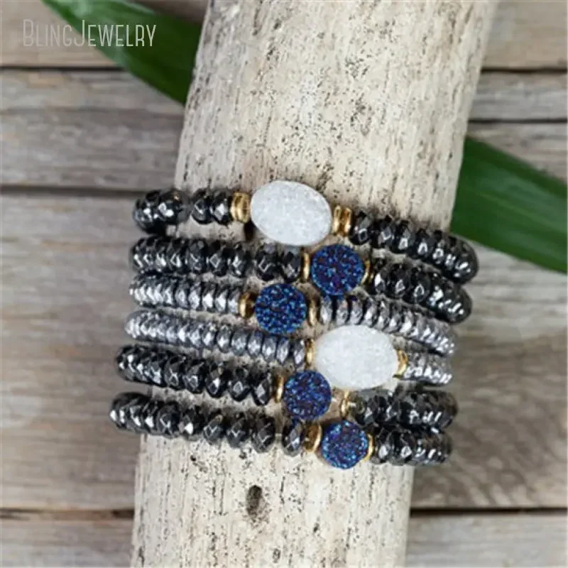 10pcs Rondelle Hematite Bead Blue White Druzy Crystal Charm Bracelet Stacking Women Emo Gift Friends Boho Hippie Jewelry Anime