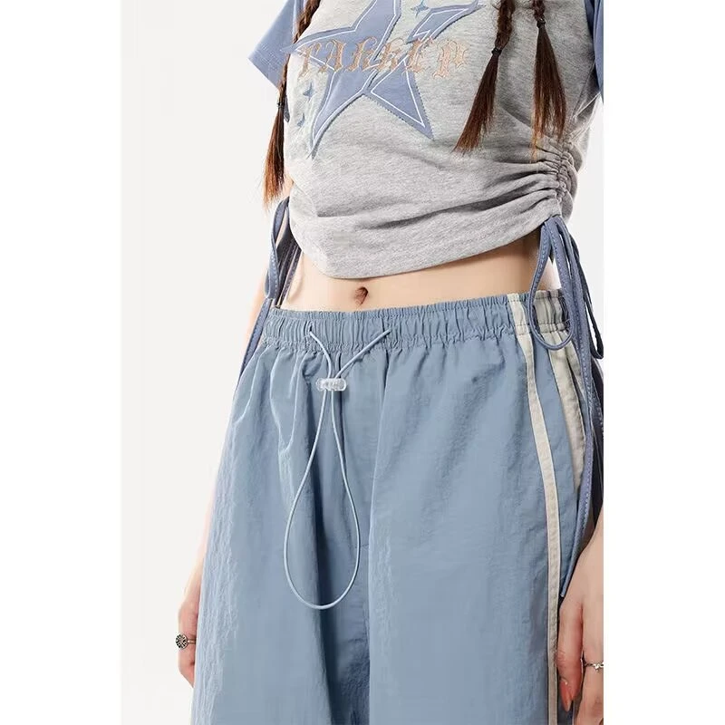 Women's Y2k Blue Baggy Striped Pants Vintage Y2k Harajuku Aesthetic Oversize Parachute Pants High Waist Trousers 2000s Clothes