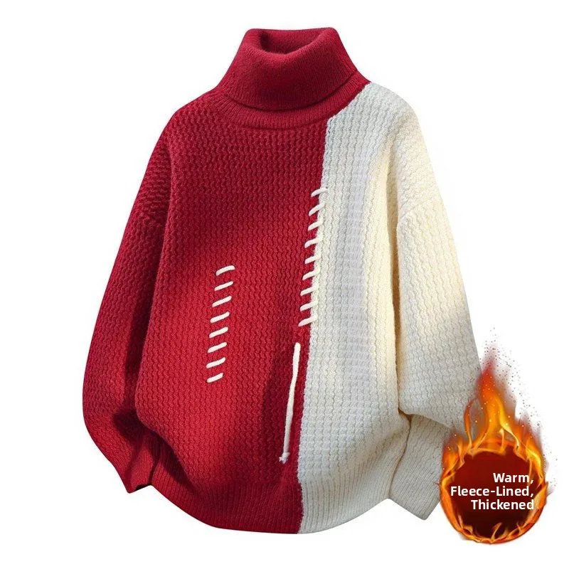 

Мужской зимний утепленный вязаный свитер на флисовой подкладке с высоким воротником, в стиле колор-блок, повседневный, модный, универсальный, молодежный топ