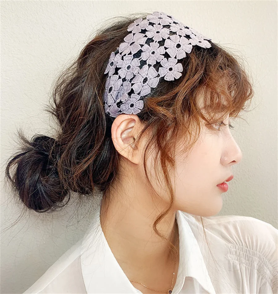 Diadema de encaje de mariposa Retro para mujer, turbante ancho, banda para el cabello de ganchillo, diadema de flores, Aro para el cabello, diademas