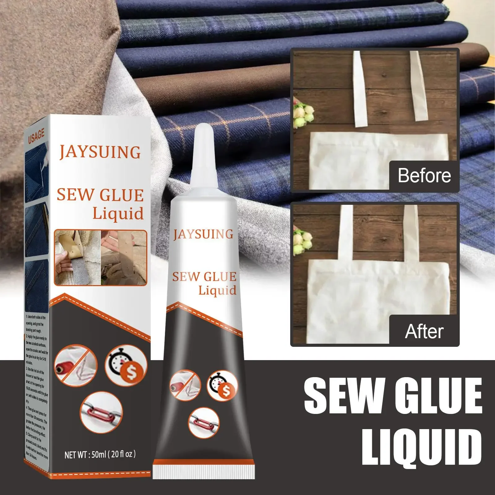 Sew Glue Clothes Fabric Leather Sew Glue Kit Secure Fast Drying Glue Liquid Sewing Ultra-stick Adhesives Waterproof 50ML