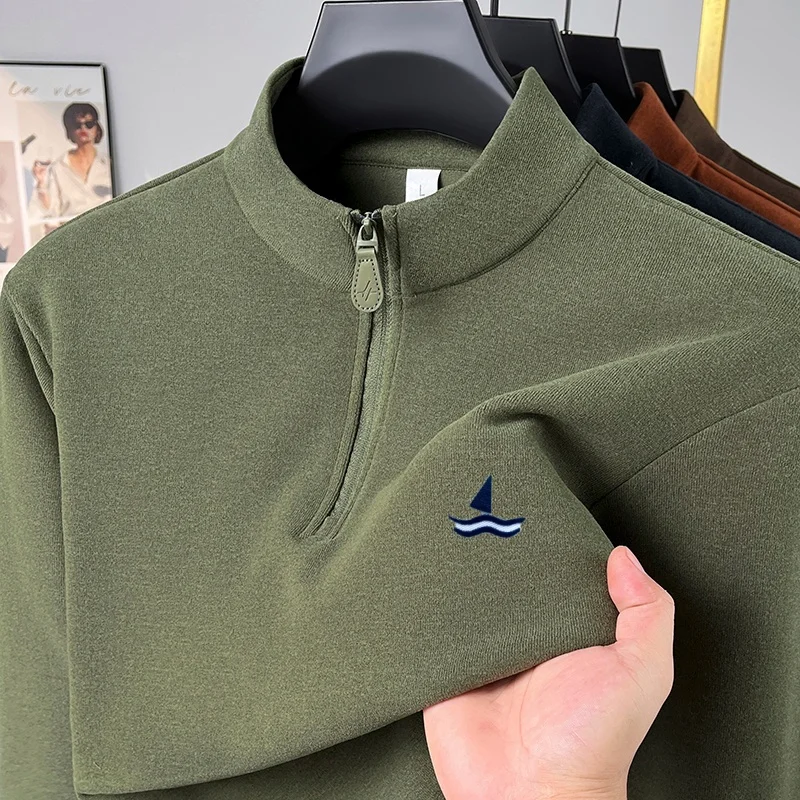 Men's Autumn New German Velvet Long Sleeve T-Shirt Half Zipper Collar Exquisite Embroidered Hoodie Casual Trendy Men's Wear Tops