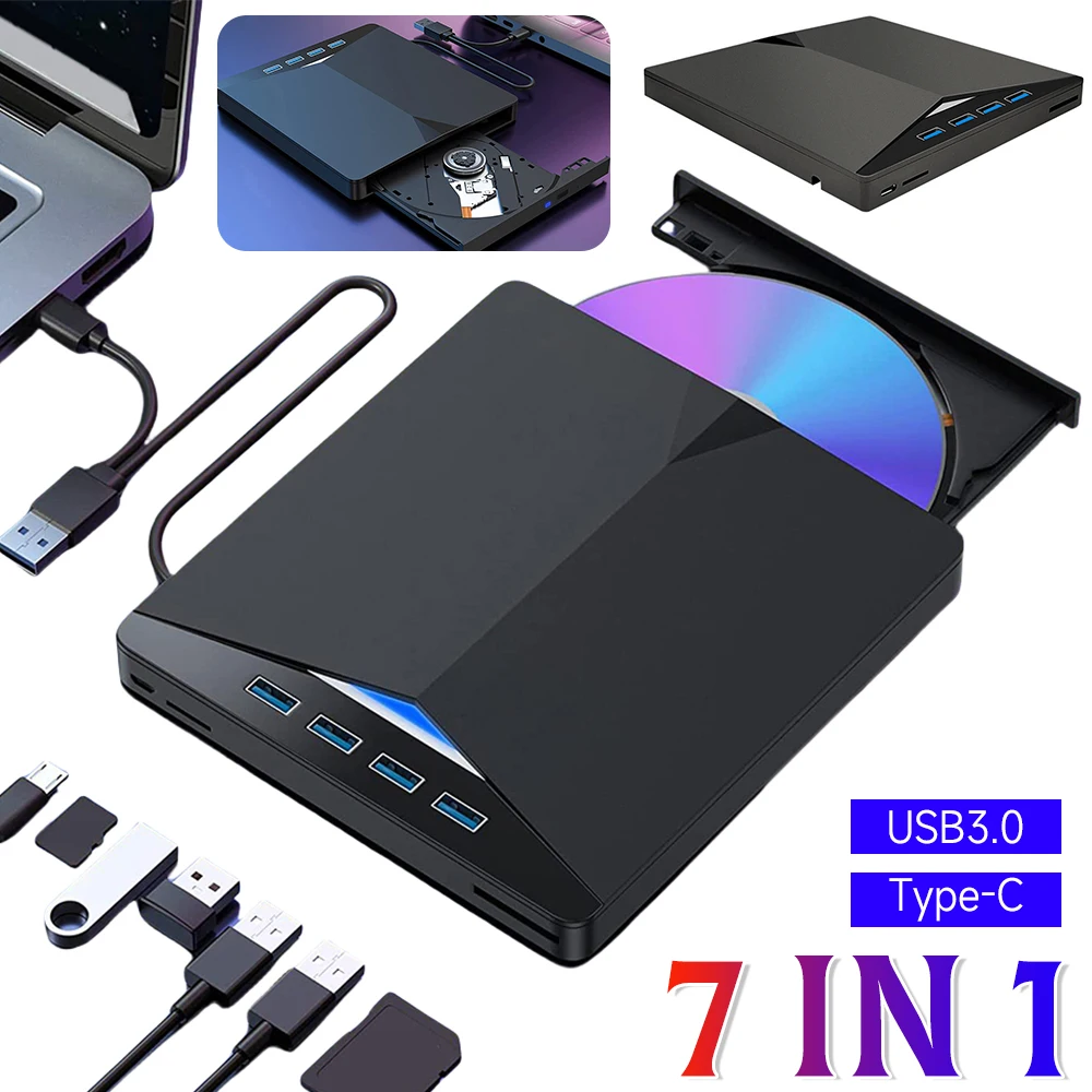 كاتب أقراص DVD RW خارجي 7 في 1 USB3.0 Type-C عالي السرعة للتوصيل والتشغيل لنظام التشغيل Windows 11/10/8/7/Linux/ OS