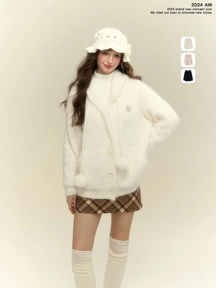 

Lazy Sle Hoodie Knitted Sweater Coat Women's Autumn Winter Elegance Faion Sweet Sle round Ne Polyester Fiber 00%