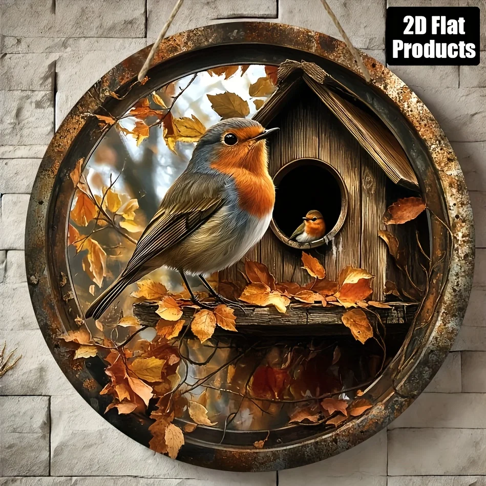 2D Flat, a Rural Round Wooden Decorative Sign with a Bird'S Nest Theme, Suitable for Porches, Gardens, Lawns, Kitchens, Cafes, F