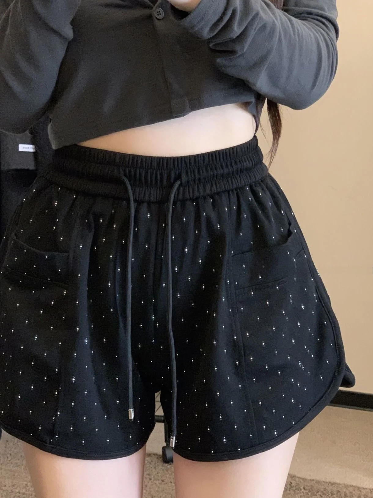 Black Design Sensation Casual Pants Women's Summer High Waist Loose Sports Pants Wide Leg Pants Short Pants Rhinestone Hot Pants