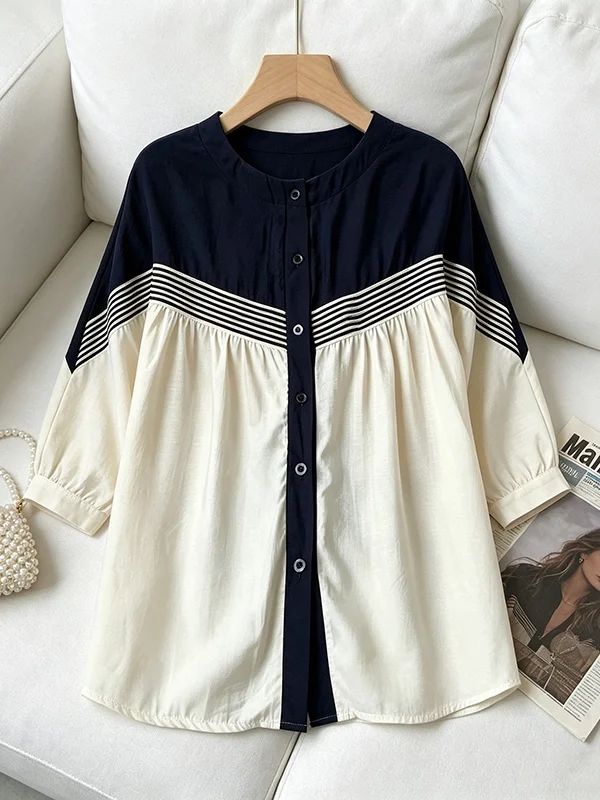 

plus Size Women's Summer Shirt round Neck Short Sleeve Patchwork Design Conceals Belly And Meat Korean Style Commute Wind