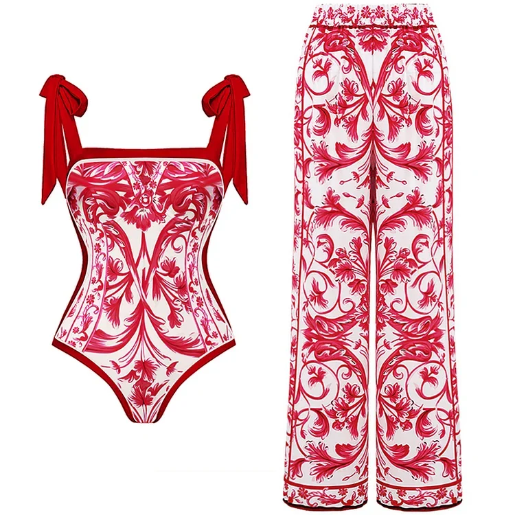 Reversible Tie-shoulder Baroco Style Printed One Piece Swimsuit and Skirt Swimwear Set Flaxmaker Clearance Wholesale