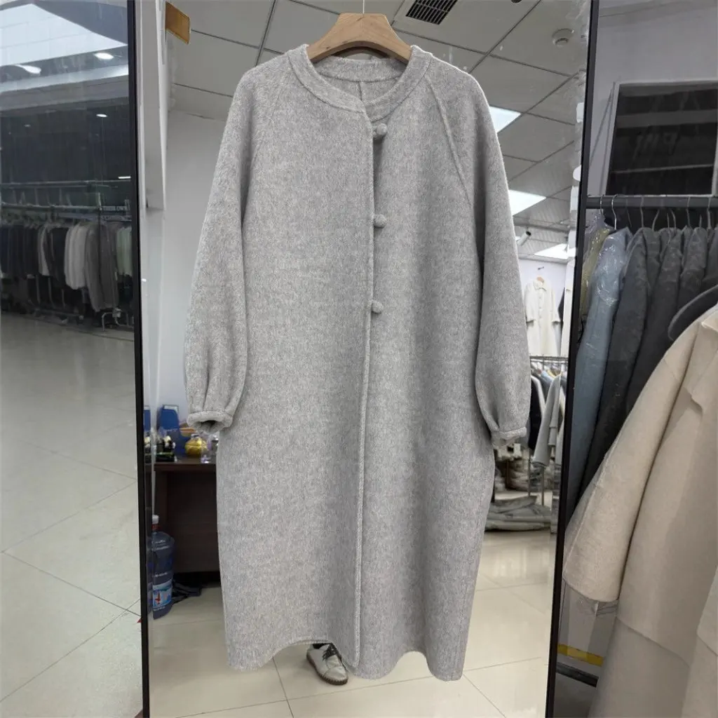 

Fashion Outerwear Women Double-Sided Wool Coat Round Neck Thickened Loose Design Sense Autumn Winter Woolen Jacket