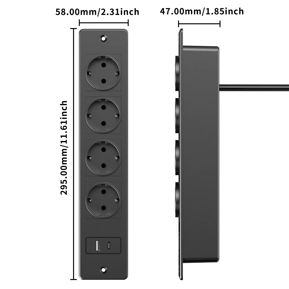Black Recessed Power Strip 4 AC Outlets 2 USB Ports 16A 3680W EU Plug Surge Protection 1.5M Cable Desk Socket for Home Office