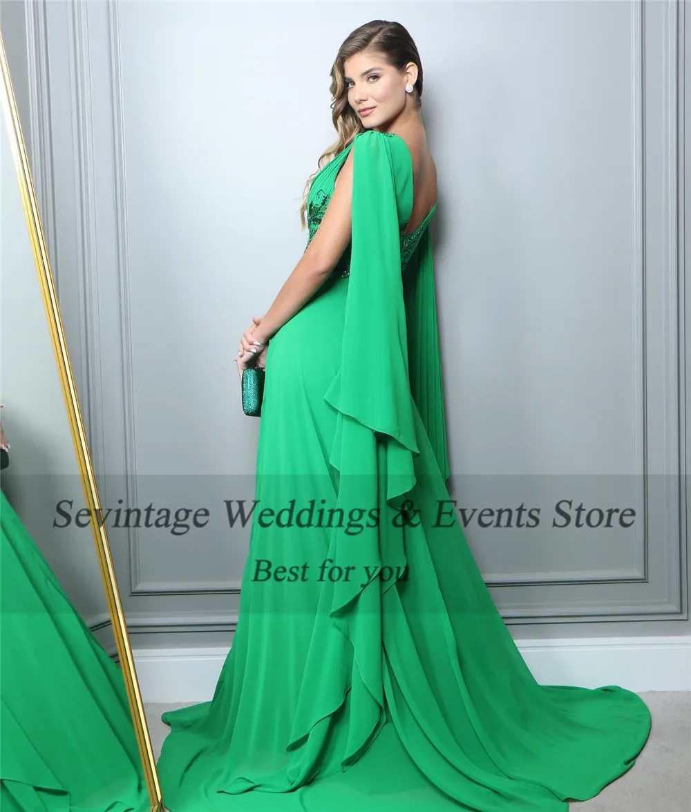 Customized Elegant Green A-Line Prom Dress V-Neck Long Cape Sleeve Sequineds Ruched Floor Length Evening Dress robes de soirée