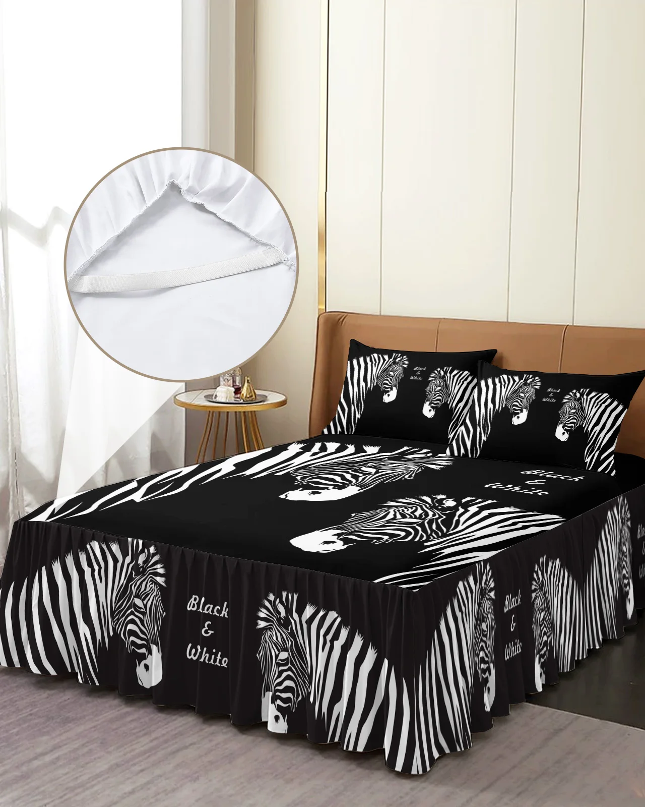 Nordic Zebra Animal Black Bed Skirt Elastic Fitted Bedspread With Pillowcases Bed Protector Mattress Cover Bedding Set Bed Sheet