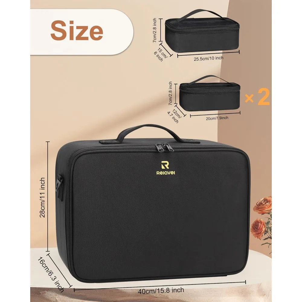 Bolsa de maquillaje grande con 3 bolsas extraíbles, divisores ajustables y soporte para brochas, estuche organizador de cosméticos de viaje profesional