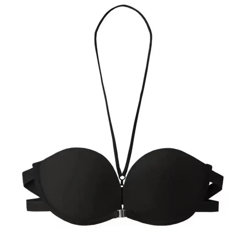 Women Bra Girls Sexy Hanging Neck Push Up Strapless Underwear Female Halter Shoulder Strap Wedding Invisible Front Button Bras