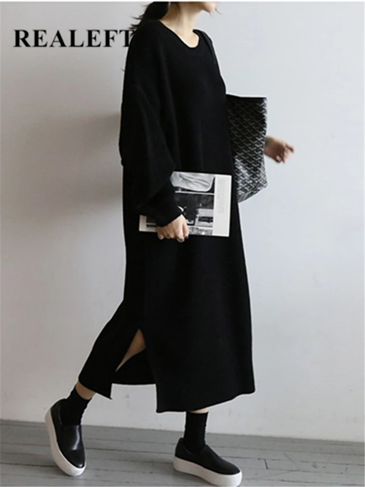 REALEFT Autumn Winter Oversize Women's Knitted Dresses 2023 New O-Neck Side Split Loose Long Sleeve Sweater Dress Female