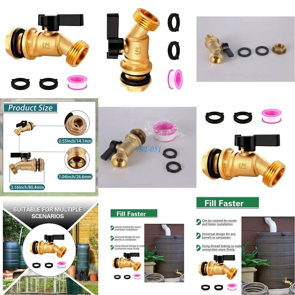 

E15A Heavy Brass Rain Barrels Spigot 1/2inch NPT Connection Full Flows Designs Corrosion Resistant Brass Valves for Rain Barrels