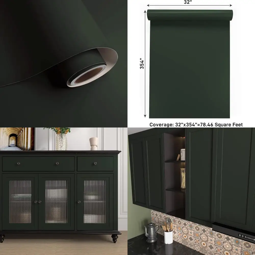 ورق اتصال أخضر غير لامع قابل للإزالة لجدران غرفة النوم - 32 × 354 ورق جدران قابل للتقشير واللصق باللون الأخضر الداكن الصلب