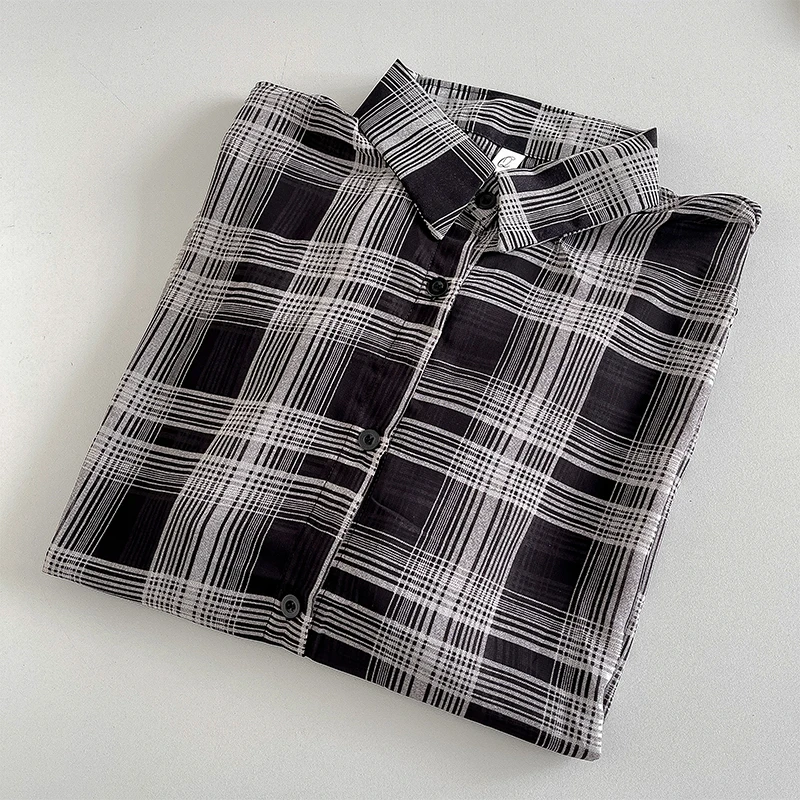 เสื้อเชิ้ตลายสก็อตผู้หญิง ผ้าชีฟองบาง แขนยาว ปกคอปก ติดกระดุม เสื้อทรงหลวมบางเบาสำหรับผู้หญิง