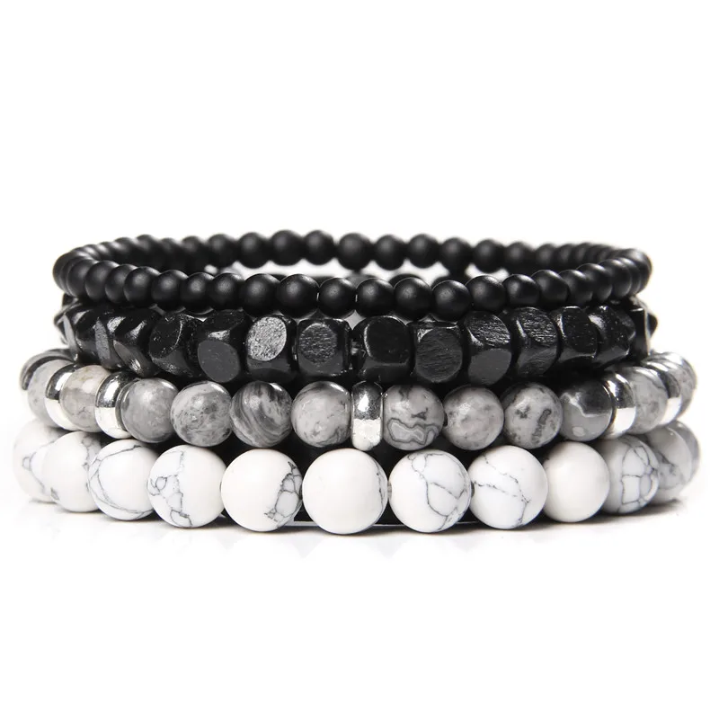 Männer Multilayer Stein Armband 4 Teile/satz Natürliche Schwarz Hämatit Vulkanischen Lava Stein Perle Elastische Armreif Vintage-Schmuck Geschenk – Detail 4
