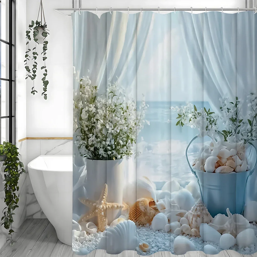 

Занавеска для душа с цветочным рисунком Ocean Beach Shell, декоративная занавеска для душа в ванной комнате, водонепроницаемая занавеска для душа с крючками
