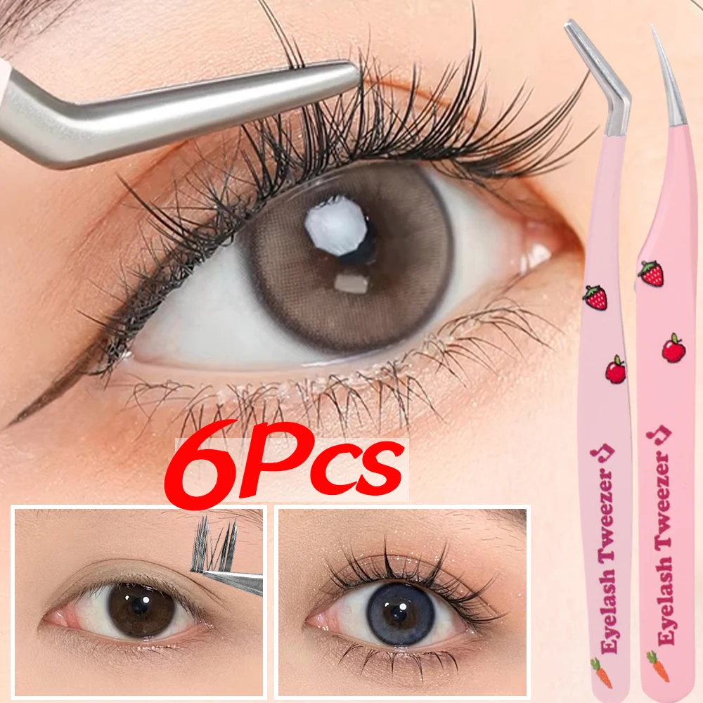 Pince à épiler en acier inoxydable pour extension de cils, pince à épiler, outil de maquillage, multi-fonction, haute précision, 6 pièces