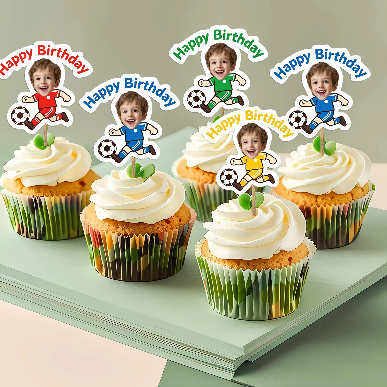 

Custom Photo Soccer Boy Cupcake Toppers, Personalized Football Player Cake Picks for Kids Sports Birthday Party Decorations