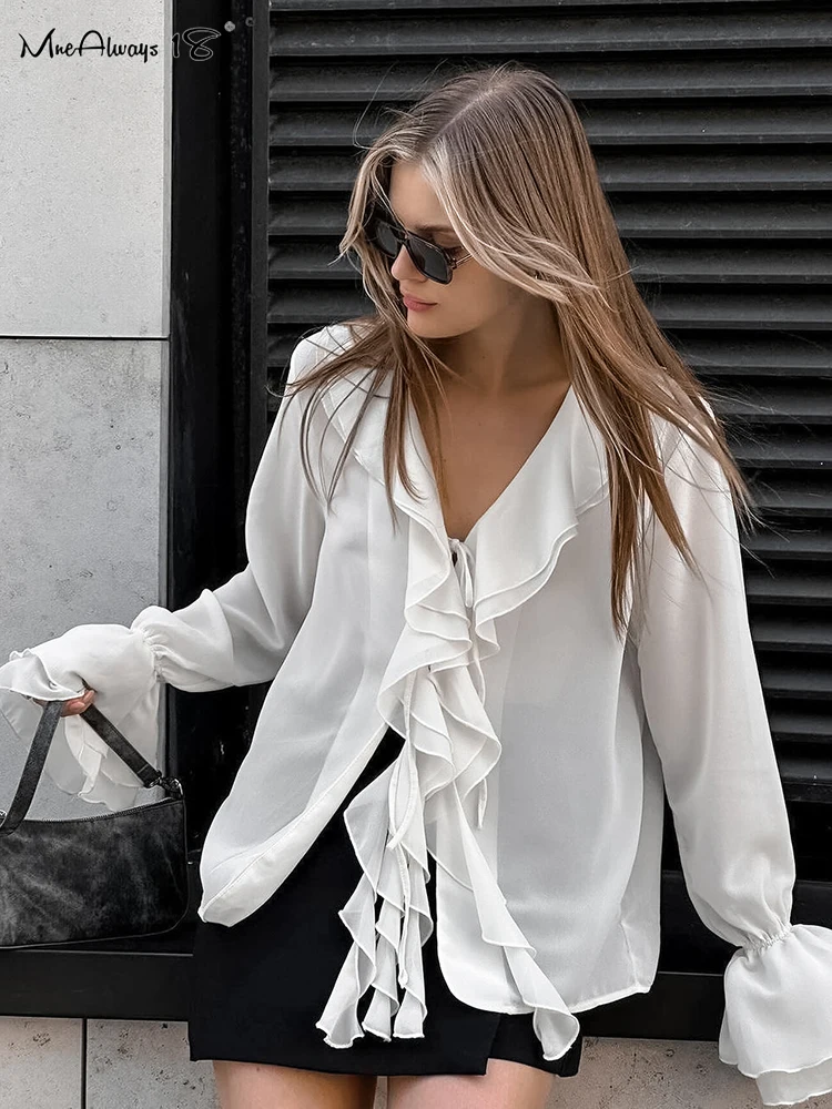 

Mnealways18 Chiffon White Ruffled Shirts Women Flare Sleeve Oversize Laminated Flounces Elegant Blouses And Tops Streetwear 2024